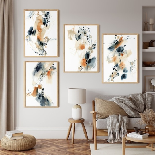 Backdate 4 Abstract Prints Set Of , Canvas Art Prints Set, Burnt Orange Blue