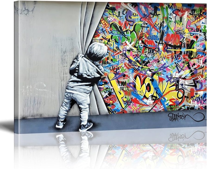 Backdate 5 Banksy Wall Art Behind The Curtain Street Graffiti Art Large Canvas Prints  For Bedroom Home Decor Modern Giclée Artwork Xcm(xinch) Inner Frame