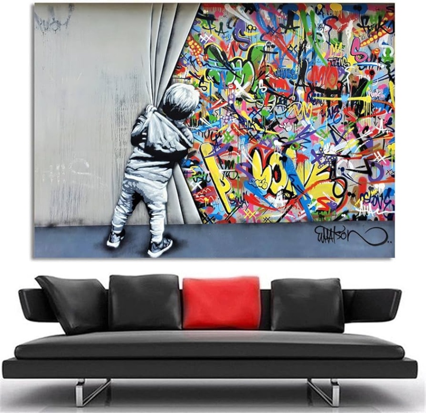 Backdate 5 Banksy Wall Art Behind The Curtain Street Graffiti Art Large Canvas Prints  For Bedroom Home Decor Modern Giclée Artwork Xcm(xinch) Inner Frame