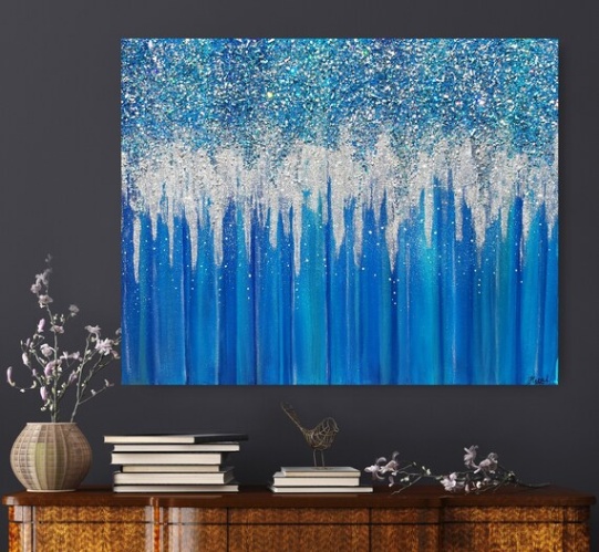 Backdate 5 Blue Glitter Crushed Glass Art, Silver Glitter Wall Decor Abstract