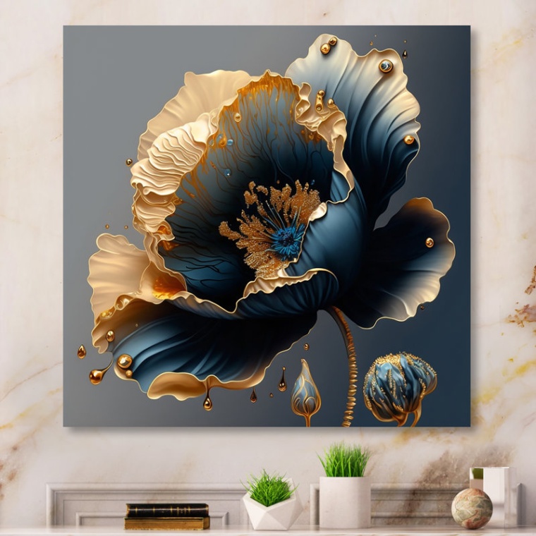 Backdate 5 Elman Deep Blue And Gold Single Flower IV - Metal Wall Décor " H X " W  X " D