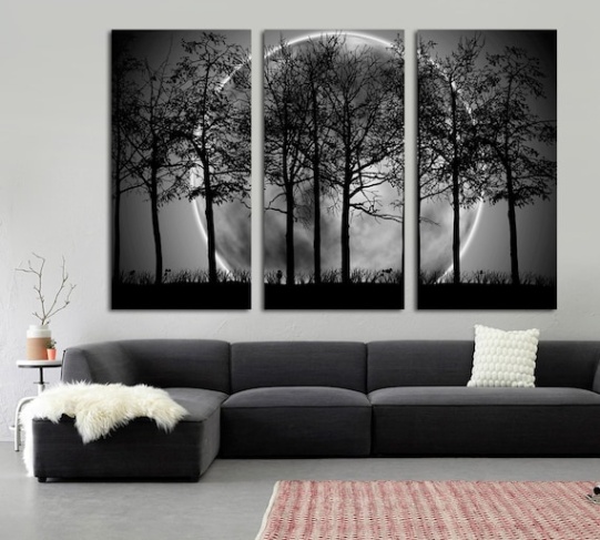 Backdate 5 Trees In Black And White Canvas Print Wall Art  Panel Split