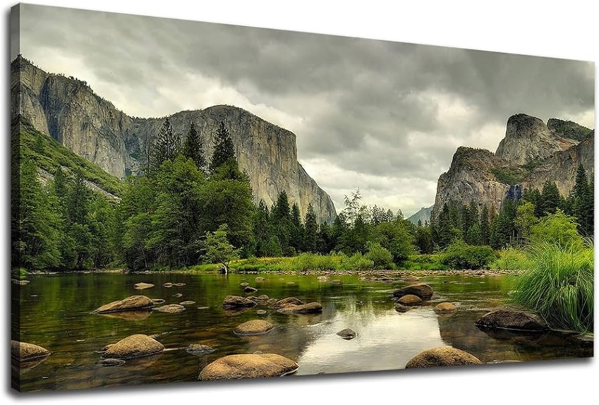 Niche Utama 1 Green Wall Art Mountain Clear Water Nature Pictures Wall Decor Yosemite  National Park Scenery Canvas Painting Modern Tree Rock River Nature  Landscape