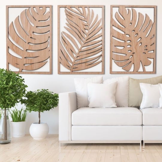 Niche Utama 1 Tropical Leaves Wood Wall Art,  Panel Set, Monstera Wooden Leaf