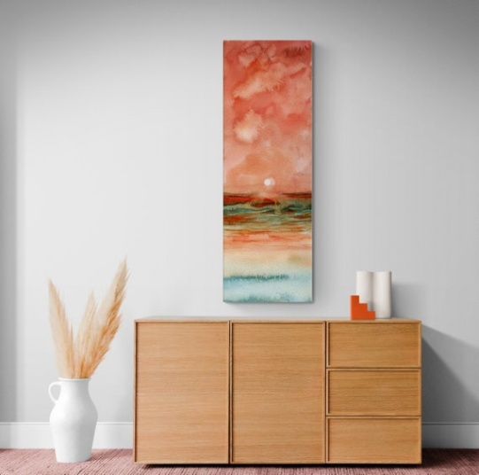 Niche Utama 1 Vertical Tall Long Canvas Abstract Painting Narrow Prints, Orange