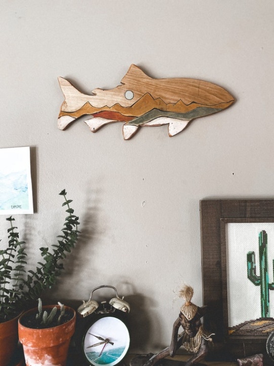 Niche Utama 2 Painted Wooden Fish Wall Hanging, Fishing Decor, Mountain Art