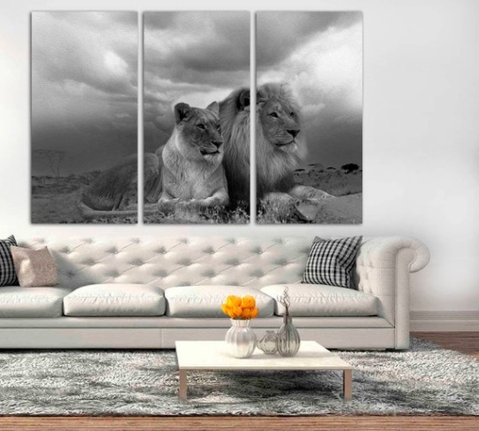 Niche Utama 2  Panel Canvas Split, Black And White African Lion And Lioness