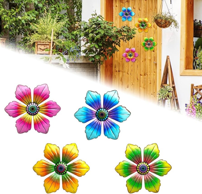 Niche Utama 2 PEALOVCOM Metal Flowers Wall Stickers,  Pieces D Flower Shape Wall Art  Metal Daisy Decorations For Outdoor, Garden, Living Room, Bedroom -  X