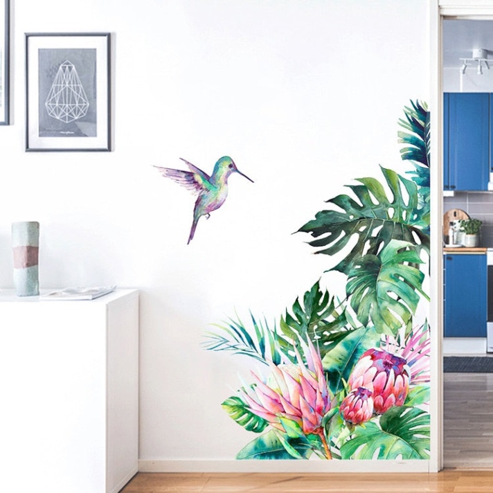 Niche Utama 2 Tropical Botanical Flowers And Hummingbird Wall Art Mural